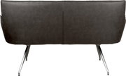 Rückansicht eines modernen 2-Sitzer-Sofas in Dunkelgrau mit glatter Polsterung, Mittelnaht und schrägen Metallbeinen vor weißem Hintergrund