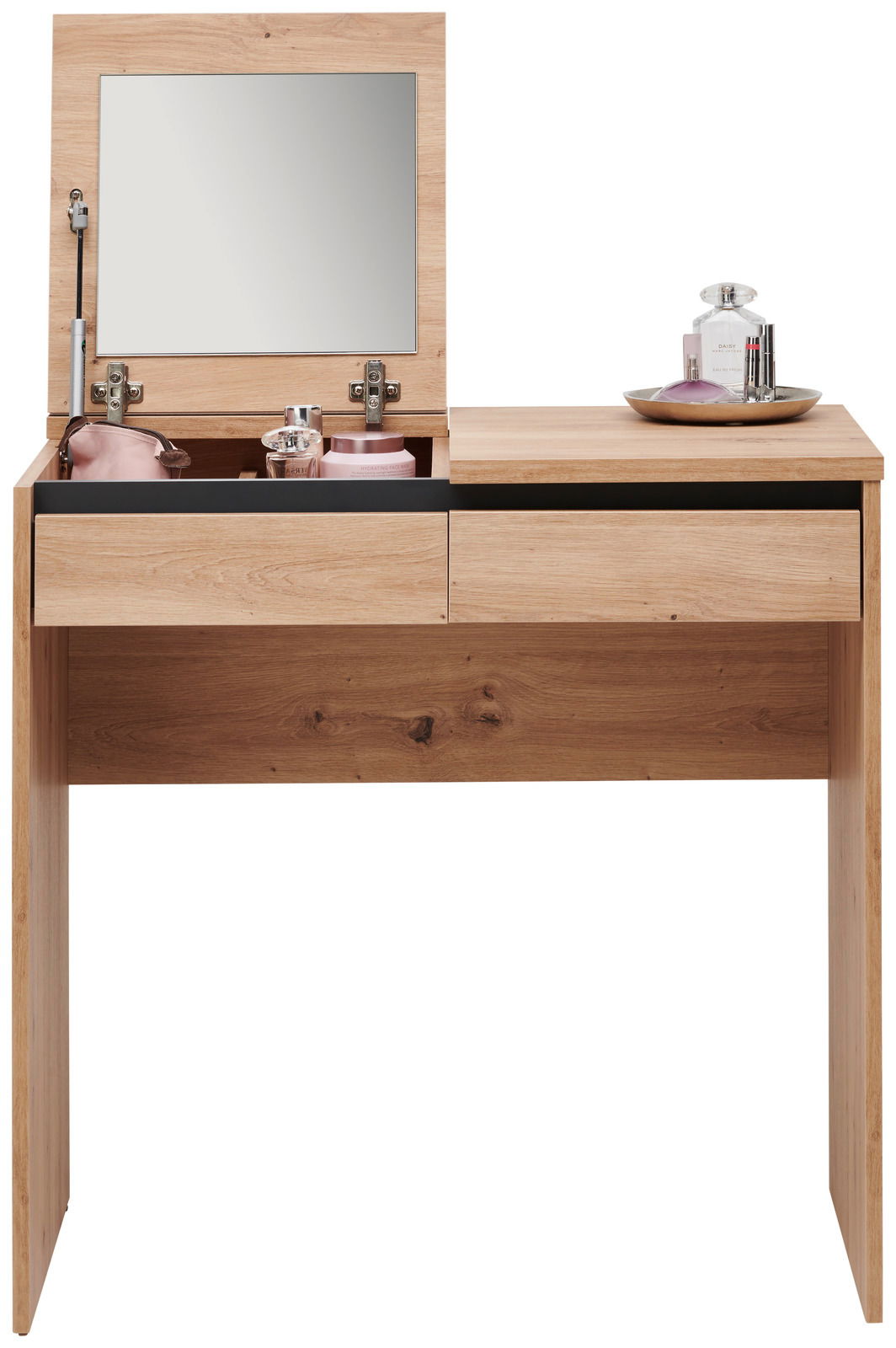 Schminktisch aus Holz mit hochgeklapptem Spiegel und Kosmetikartikeln, Frontalansicht