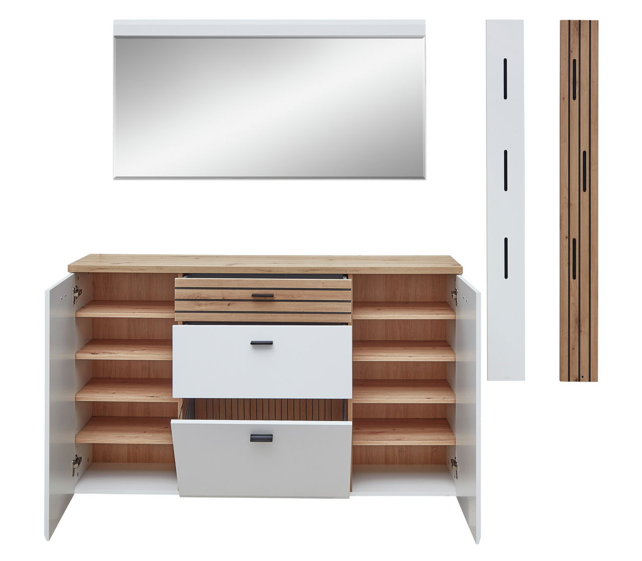 Hänge-Garderobenkombi Set 82 in Frontansicht mit Spiegel, Schrank und Paneel in Holz- und Weißoptik.