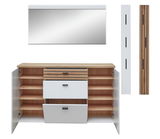 Hänge-Garderobenkombi Set 82 in Frontansicht mit Spiegel, Schrank und Paneel in Holz- und Weißoptik.