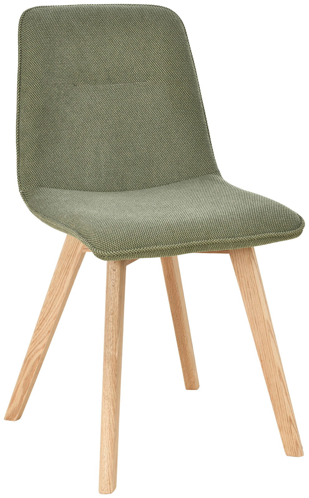 Moderner Stuhl mit grünem Stoffbezug und hellen Holzbeinen, seitliche Perspektive