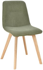 Moderner Stuhl mit grünem Stoffbezug und hellen Holzbeinen, seitliche Perspektive