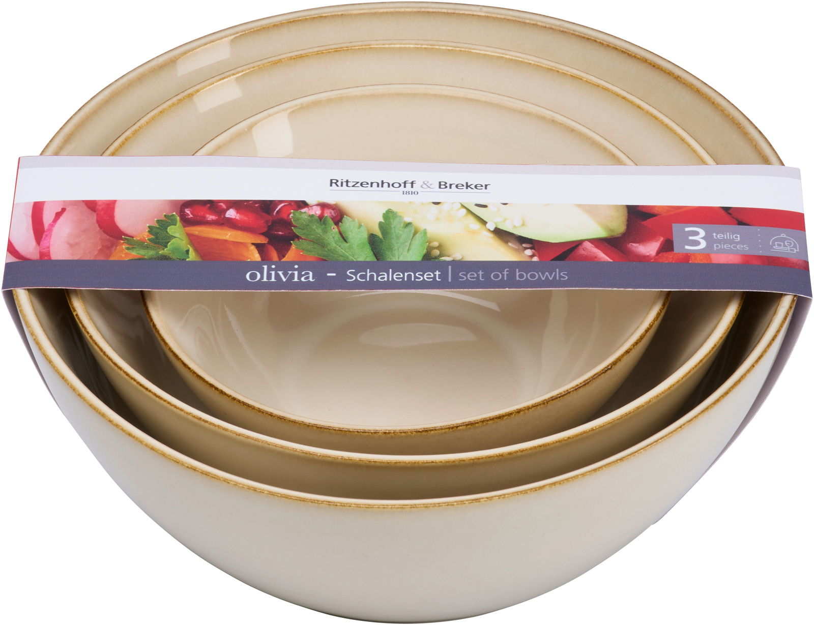 Dreiteiliges Schalen-Set Olivia von Ritzenhoff & Breker, beige, gestapelt, Vorderansicht