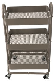 Grauer Servierwagen mit drei Gitterablagen, auf Rollen, Frontalansicht