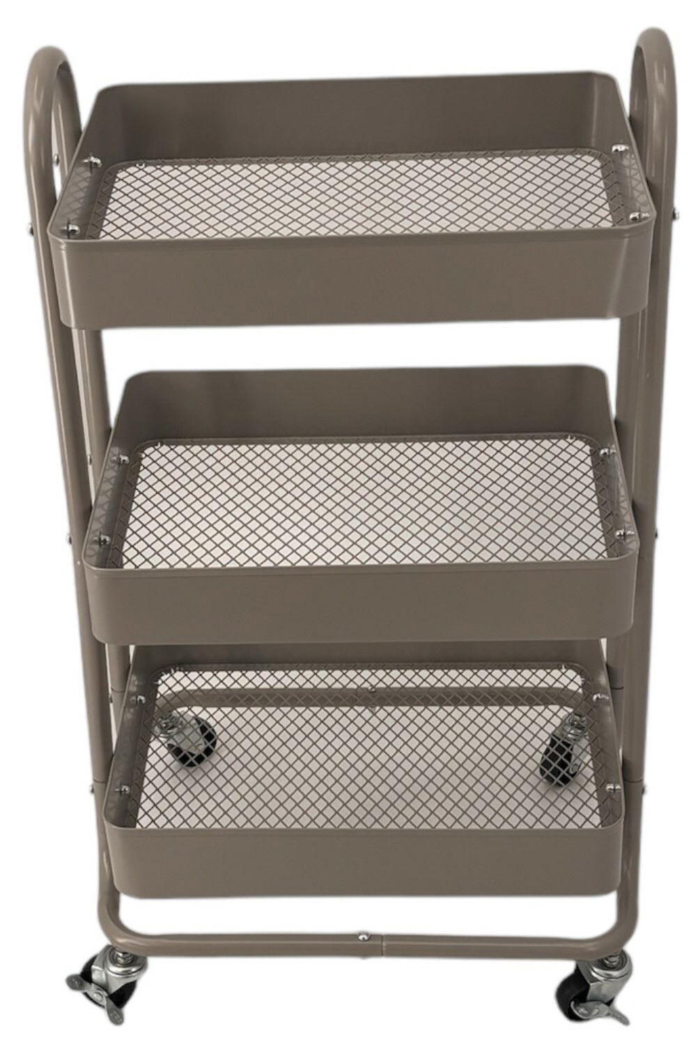 Grauer Servierwagen mit drei Gitterablagen, auf Rollen, Frontalansicht
