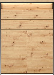 Moderner Schuhschrank in natürlicher Holzoptik mit schwarzem Metallrahmen, zwei Schubladen und zwei Türen, frontal abgebildet