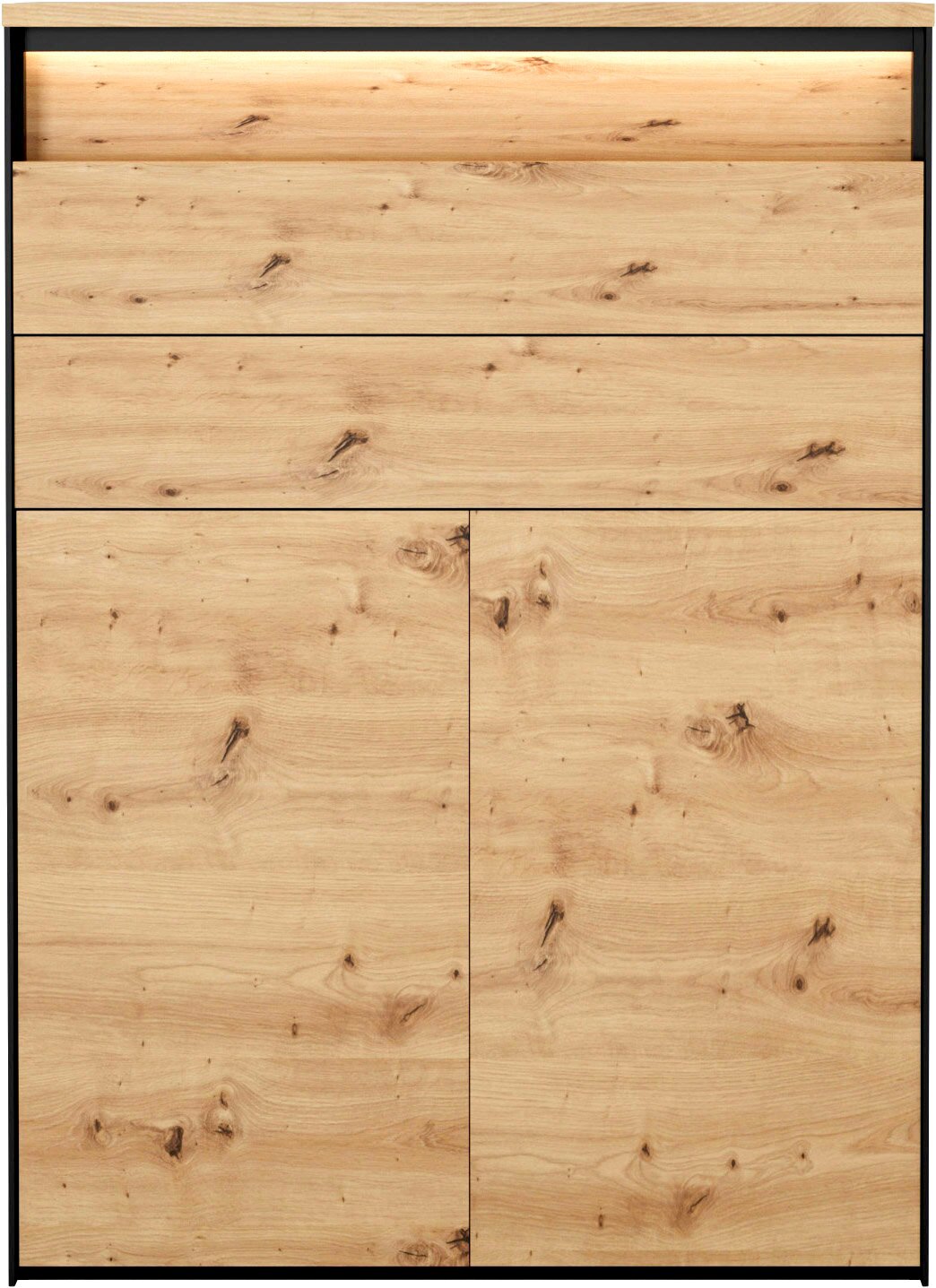 Moderner Schuhschrank in natürlicher Holzoptik mit schwarzem Metallrahmen, zwei Schubladen und zwei Türen, frontal abgebildet