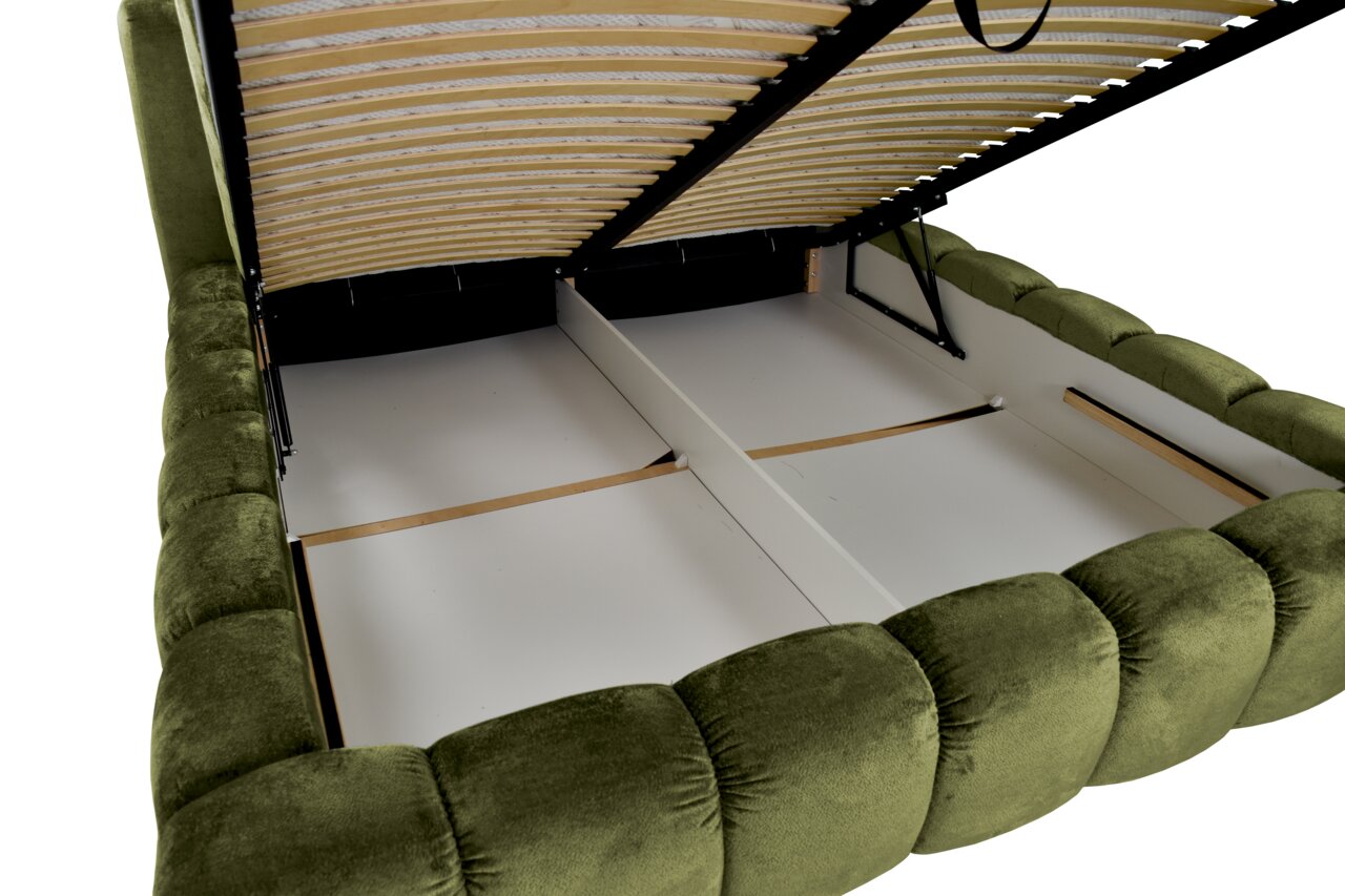 Polsterbettgestell in Grün mit geöffnetem Lattenrost, von oben betrachtet.