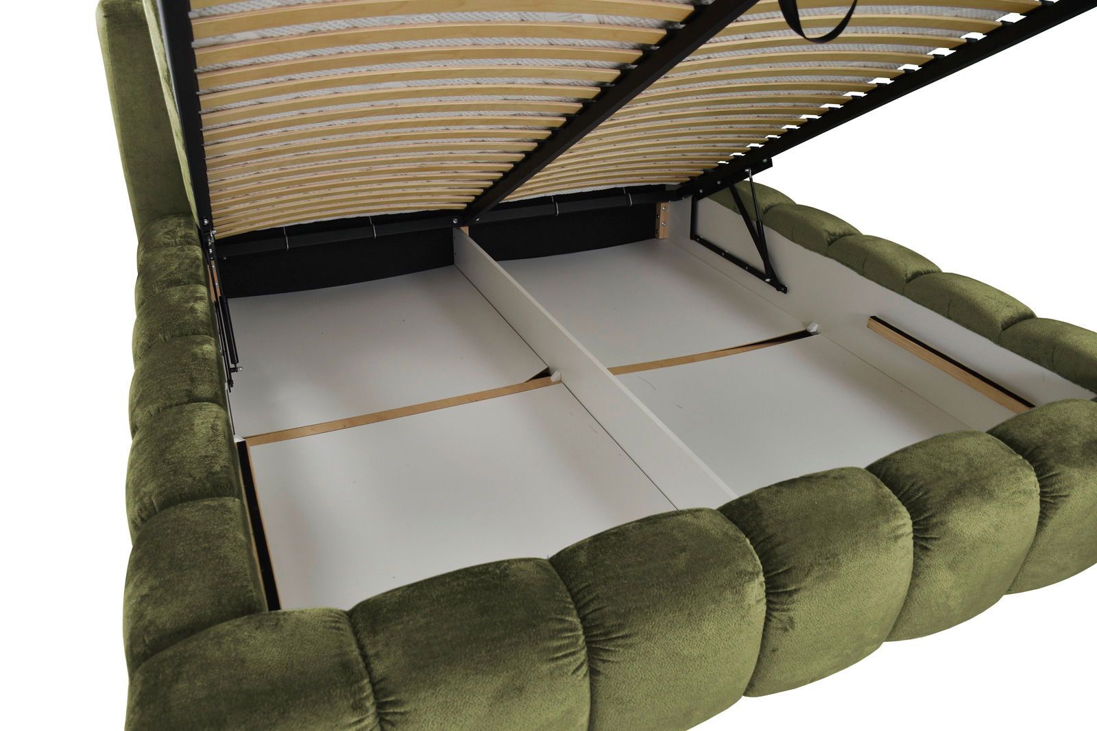 Polsterbettgestell in Grün mit geöffnetem Lattenrost, von oben betrachtet.