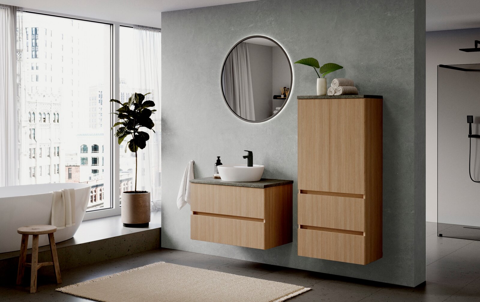 Moderner Midischrank aus Holz in einem stilvollen Badezimmer, seitliche Perspektive