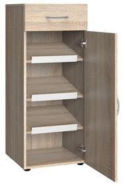 Schuhschrank aus Holz mit geöffneter Tür, zeigt mehrere Regalböden, Perspektive von vorne