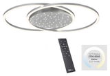 Moderne Deckenleuchte aus Stahl mit zwei überlappenden LED-Ringen und Fernbedienung, seitliche Perspektive.