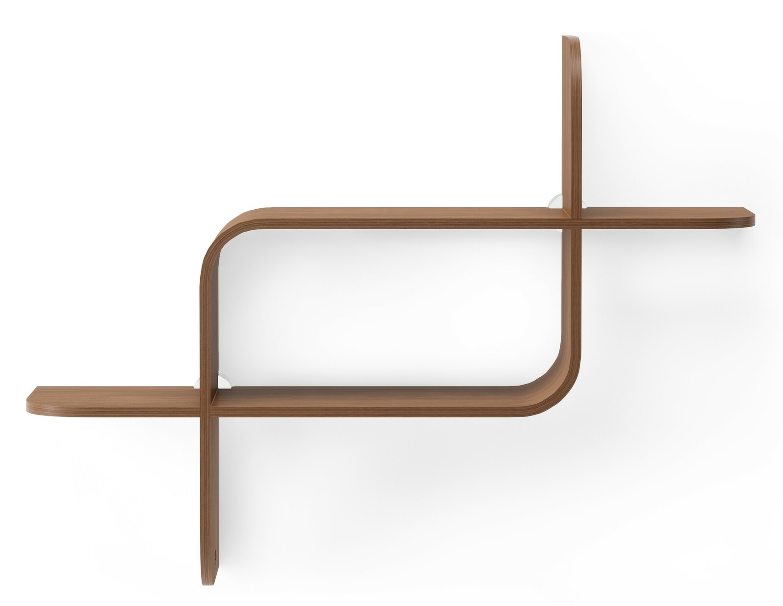 Modernes Wandregal aus Holz mit geschwungenem Design, seitliche Perspektive