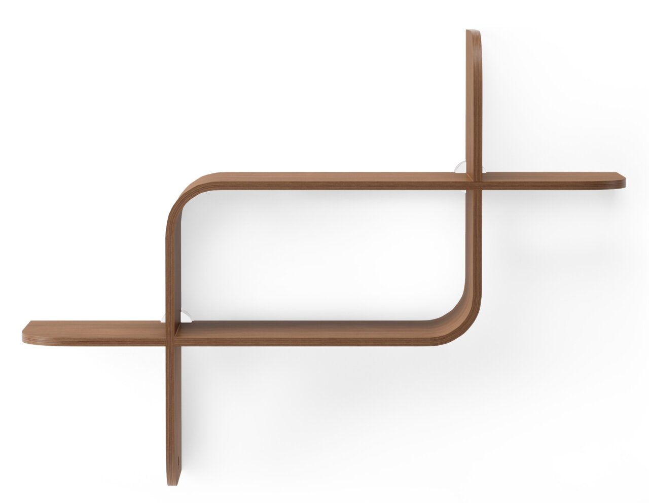 Modernes Wandregal aus Holz mit geschwungenem Design, seitliche Perspektive