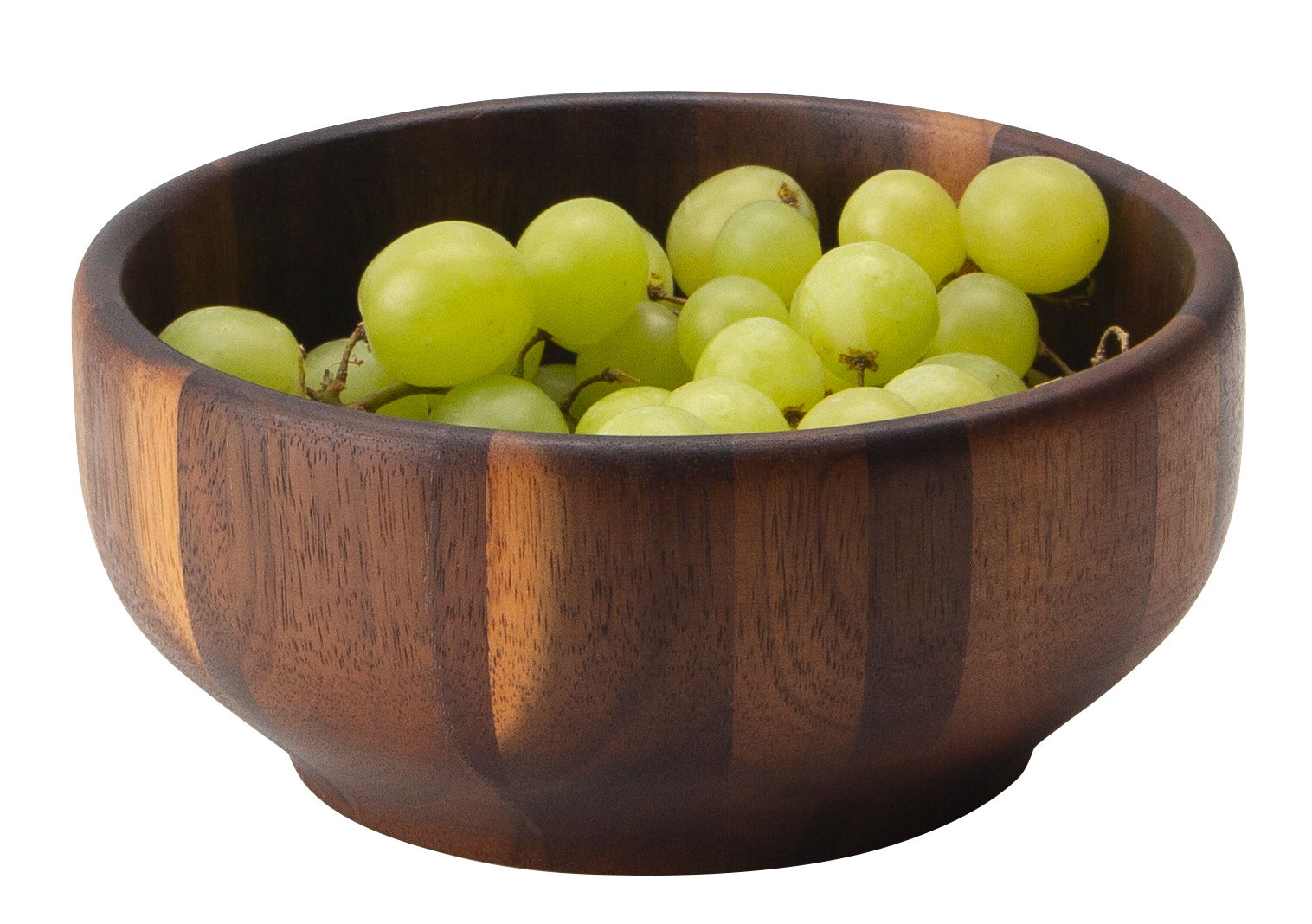 Holzschüssel aus Akazie mit grünen Trauben, seitliche Perspektive