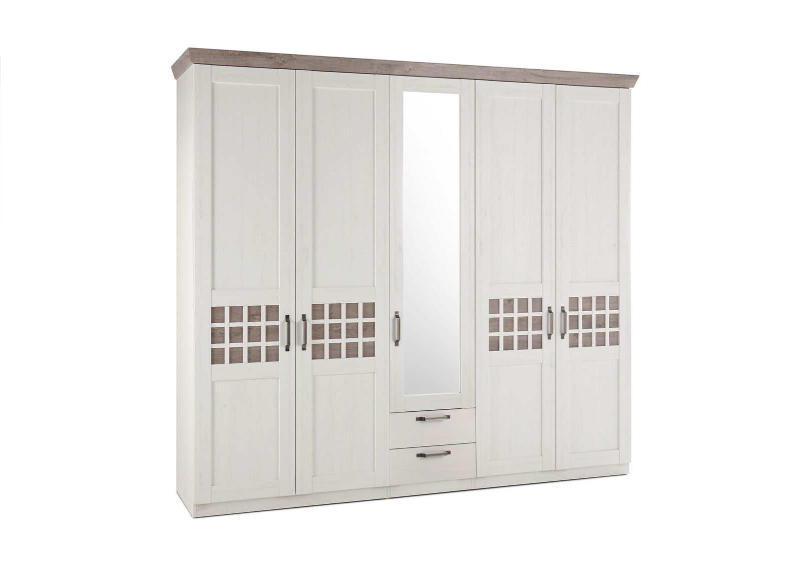 Großer weißer Kleiderschrank mit fünf Türen, einem Spiegel in der Mitte und zwei Schubladen unten, aus frontaler Perspektive.