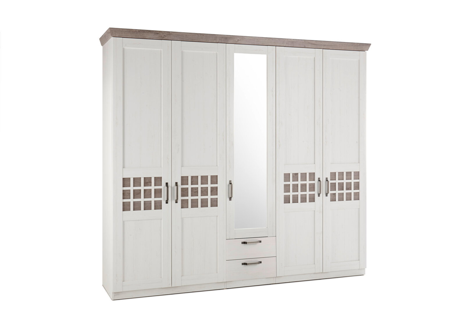 Großer weißer Kleiderschrank mit fünf Türen, einem Spiegel in der Mitte und zwei Schubladen unten, aus frontaler Perspektive.