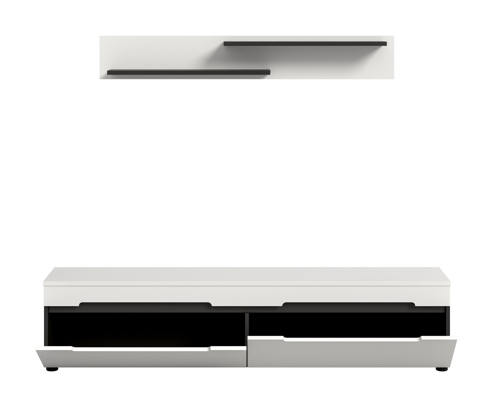 Modernes weißes Lowboard/TV-Board mit zwei offenen Schubladen und schwarzen Innenfächern, frontale Ansicht; darüber zwei schwebende Wandregale in Seitenansicht.