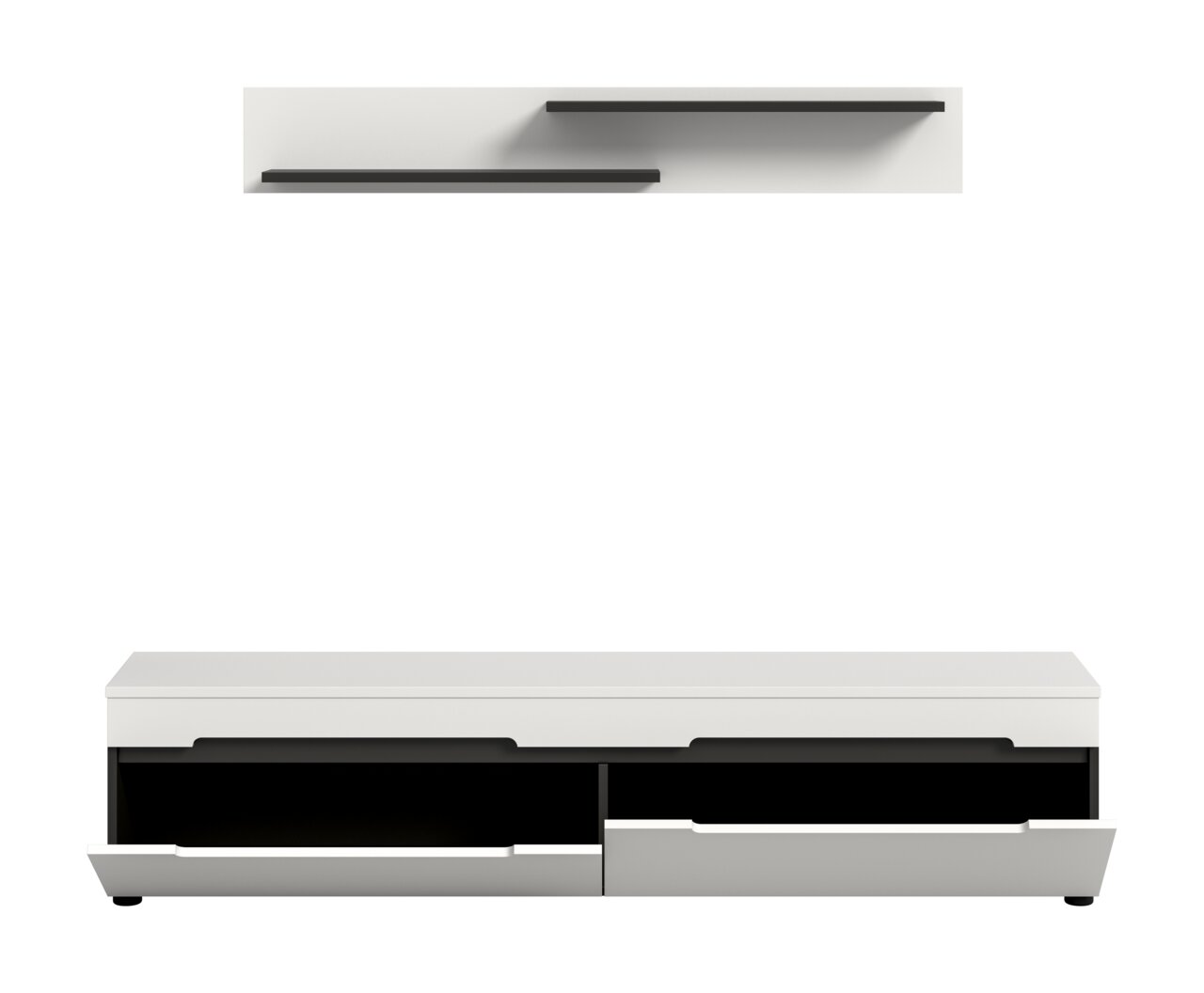 Modernes weißes Lowboard/TV-Board mit zwei offenen Schubladen und schwarzen Innenfächern, frontale Ansicht; darüber zwei schwebende Wandregale in Seitenansicht.