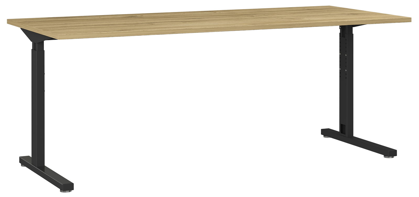 Moderner Schreibtisch mit Holzoberfläche und schwarzen Metallbeinen, seitliche Perspektive