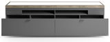 Frontale Ansicht eines modernen TV-Lowboards von Set one by Musterring, Modell LANCASTER, mit grauer Oberfläche und Holzdetails.