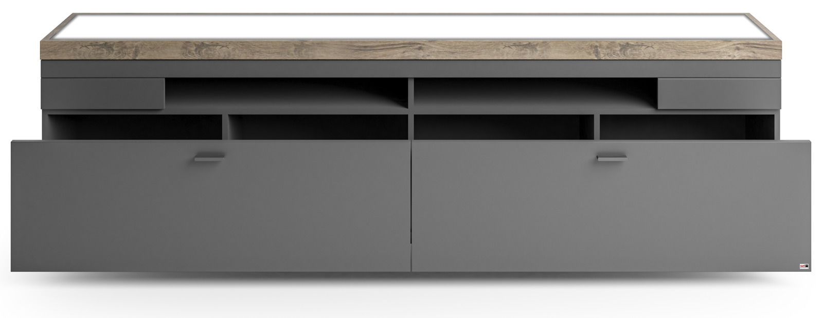 Frontale Ansicht eines modernen TV-Lowboards von Set one by Musterring, Modell LANCASTER, mit grauer Oberfläche und Holzdetails.