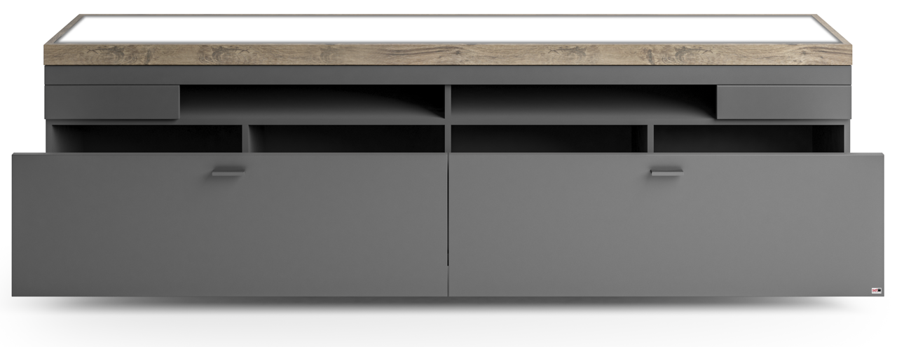 Frontale Ansicht eines modernen TV-Lowboards von Set one by Musterring, Modell LANCASTER, mit grauer Oberfläche und Holzdetails.