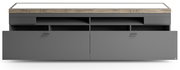 Frontale Ansicht eines modernen TV-Lowboards von Set one by Musterring, Modell LANCASTER, mit grauer Oberfläche und Holzdetails.