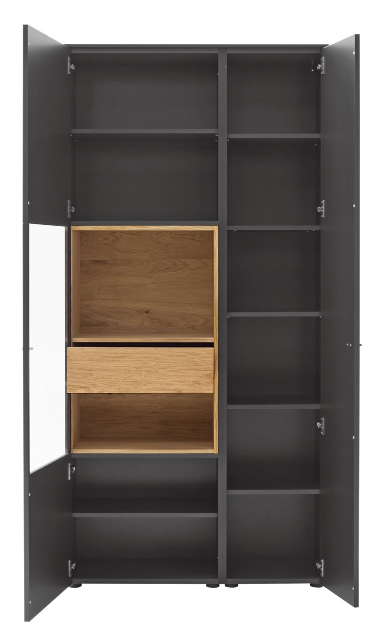 Venjakob Vitrine LUMEA Geöffnete Vitrine mit dunklem Rahmen und Holzelementen, frontal betrachtet