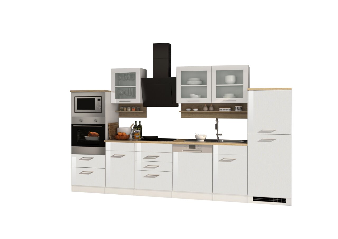 Moderne Küchenzeile mit eingebautem Backofen, Mikrowelle, Spüle und Dunstabzugshaube, frontal abgebildet.