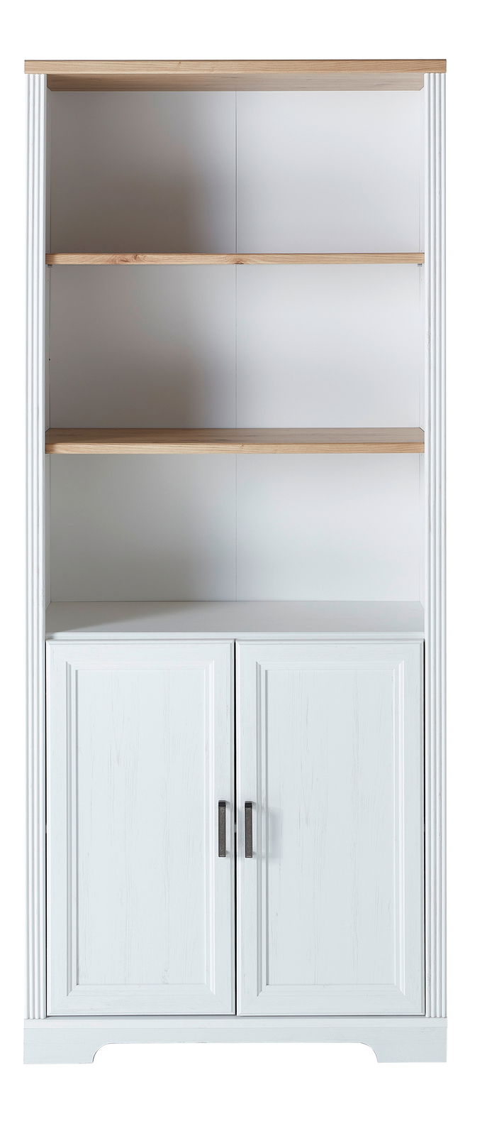 Landscape Regalschrank JUDITH Frontalansicht eines weißen Regalschranks der Serie JUDITH mit Holzböden und zwei Türen unten.