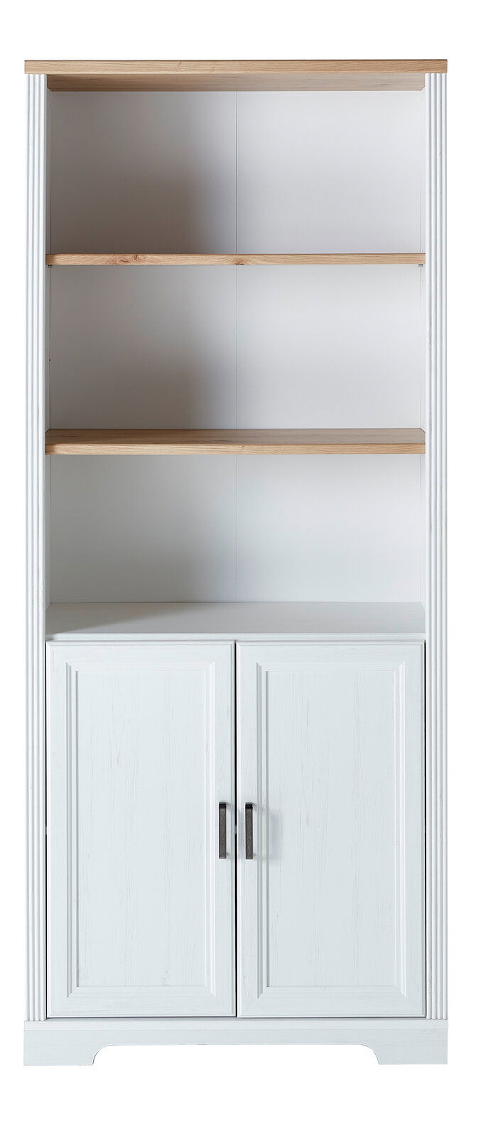 Landscape Regalschrank JUDITH Frontalansicht eines weißen Regalschranks der Serie JUDITH mit Holzböden und zwei Türen unten.