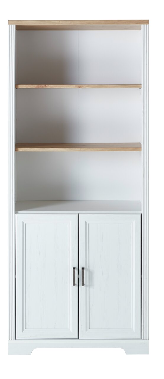 Landscape Regalschrank JUDITH Frontalansicht eines weißen Regalschranks der Serie JUDITH mit Holzböden und zwei Türen unten.