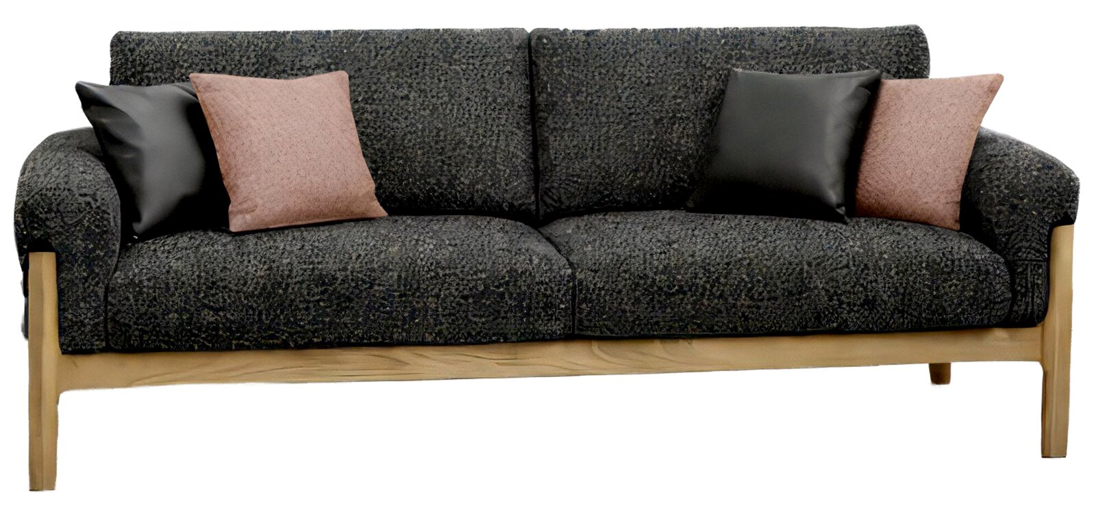 Dunkelgraues 2-Sitzer-Sofa mit strukturiertem Stoffbezug, hellem Holzgestell und vier Zierkissen in Schwarz und Rosé, frontal von vorne fotografiert.