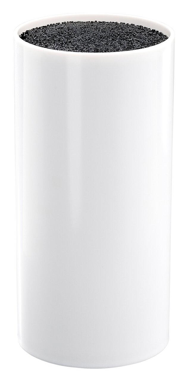 Zylindrische Messerbank in Weiß mit schwarzem Einsatz, seitliche Perspektive