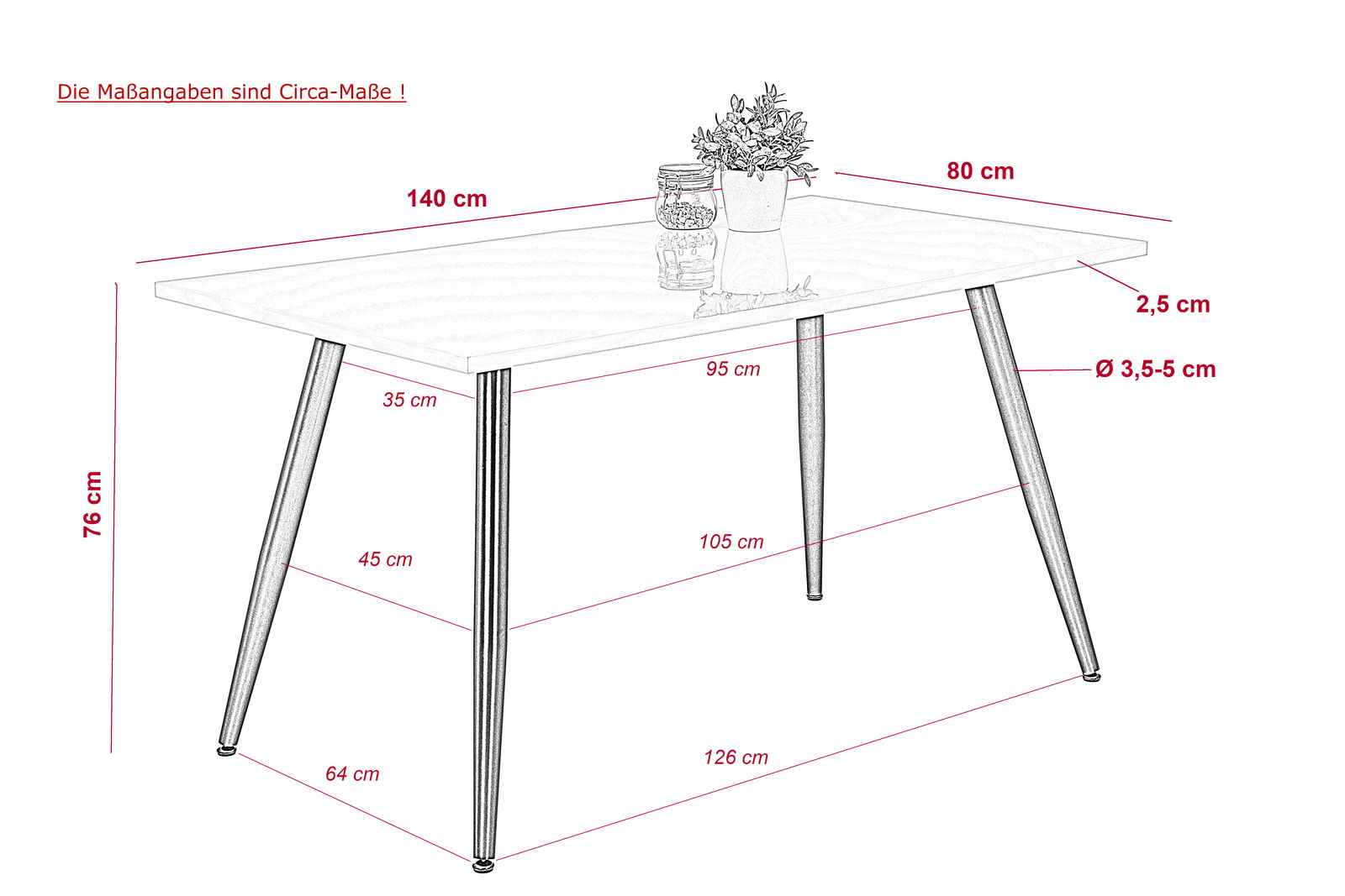Moderner Esstisch mit rechteckiger Tischplatte, 140 cm lang und 80 cm breit, auf vier konischen Beinen. Perspektive von schräg oben.