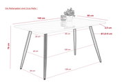 Moderner Esstisch mit rechteckiger Tischplatte, 140 cm lang und 80 cm breit, auf vier konischen Beinen. Perspektive von schräg oben.