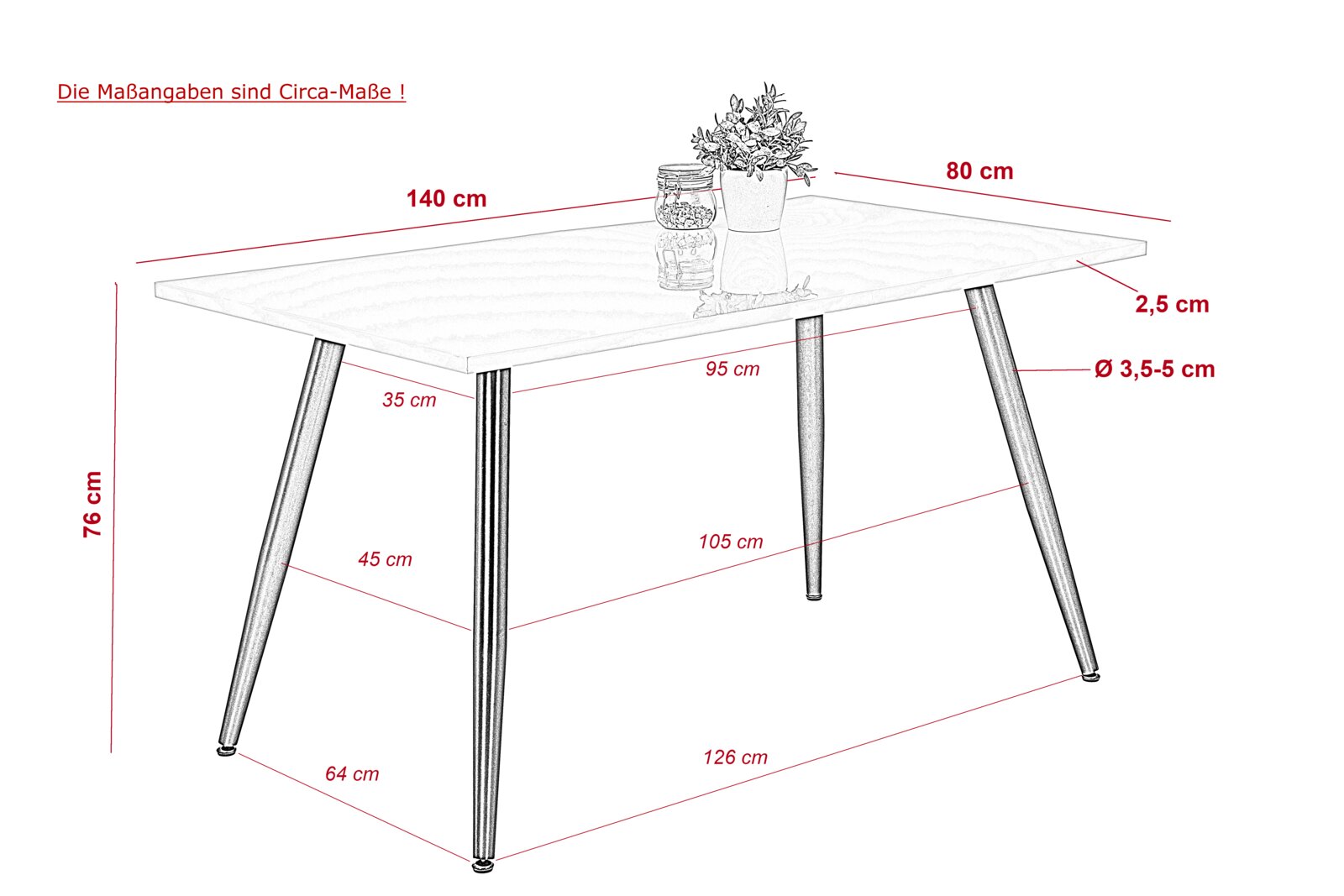 Moderne eettafel met een rechthoekig tafelblad van 140 cm lang en 80 cm breed, op vier conische poten. Aanzicht van schuin bovenaf.