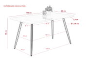Moderne eettafel met een rechthoekig tafelblad van 140 cm lang en 80 cm breed, op vier conische poten. Aanzicht van schuin bovenaf.