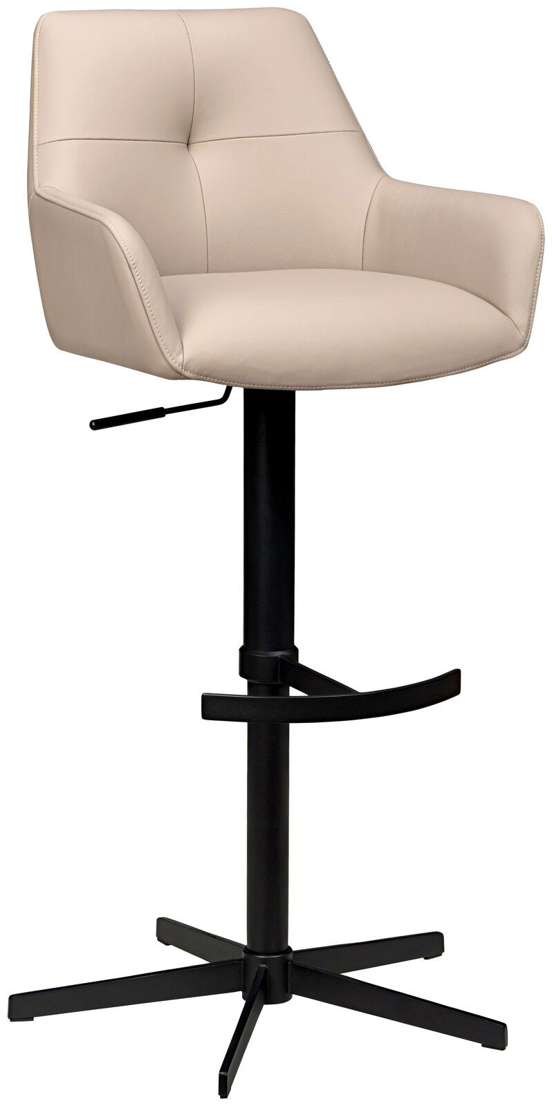 Moderner Barhocker mit beigem Polstersitz und schwarzem Metallgestell, seitliche Perspektive