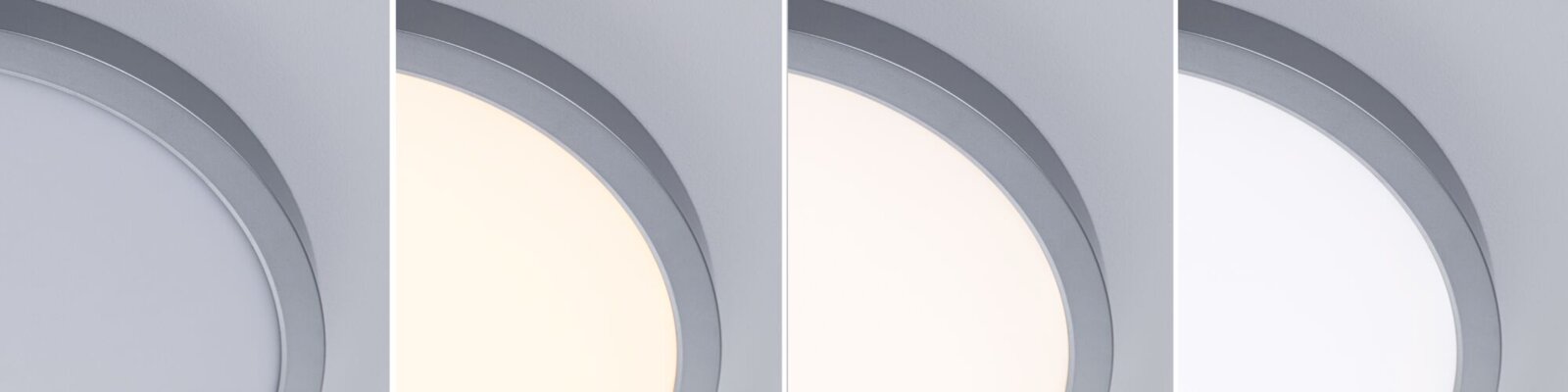 Detailaufnahme einer runden LED-Deckenleuchte mit grauem Rahmen und Diffusor, gezeigt aus seitlicher Nahperspektive in vier Lichtfarben (kaltweiß, warmweiß, neutralweiß, tageslichtweiß)