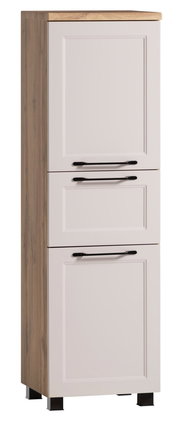 Midischrank in Holzoptik mit zwei Türen und schwarzen Griffen, seitliche Perspektive