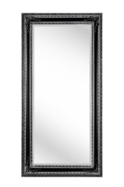 Rechteckiger Spiegel mit aufwendig verziertem, dunklem Rahmen, frontal abgebildet.