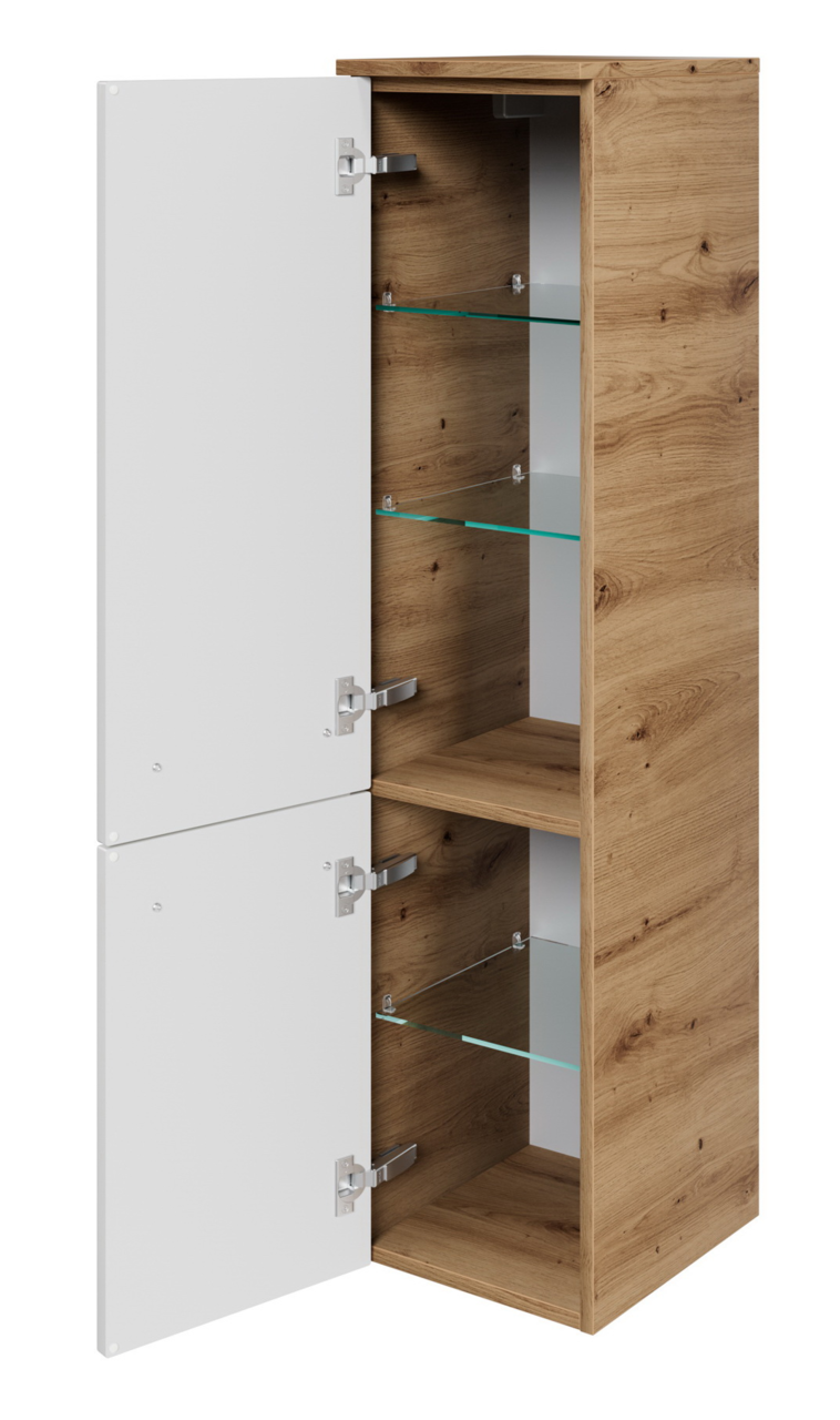 Midischrank aus Holz mit zwei offenen Türen, Glasböden und weißer Front, seitliche Perspektive
