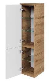 Midischrank aus Holz mit zwei offenen Türen, Glasböden und weißer Front, seitliche Perspektive