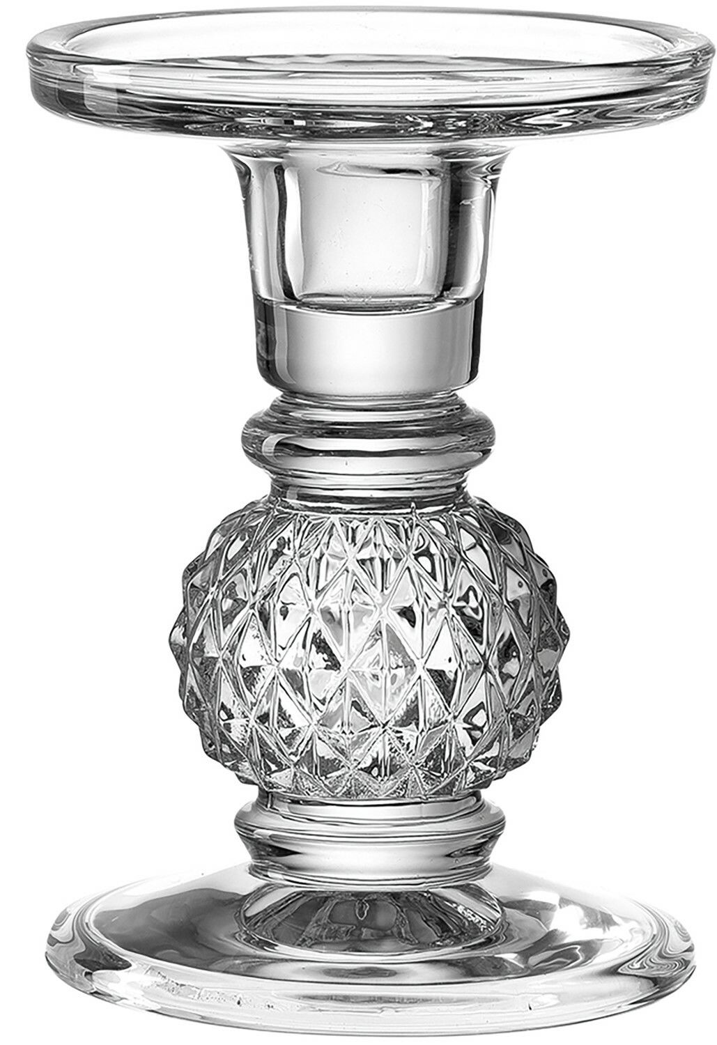 Glasleuchter mit elegantem, facettiertem Design, seitliche Perspektive