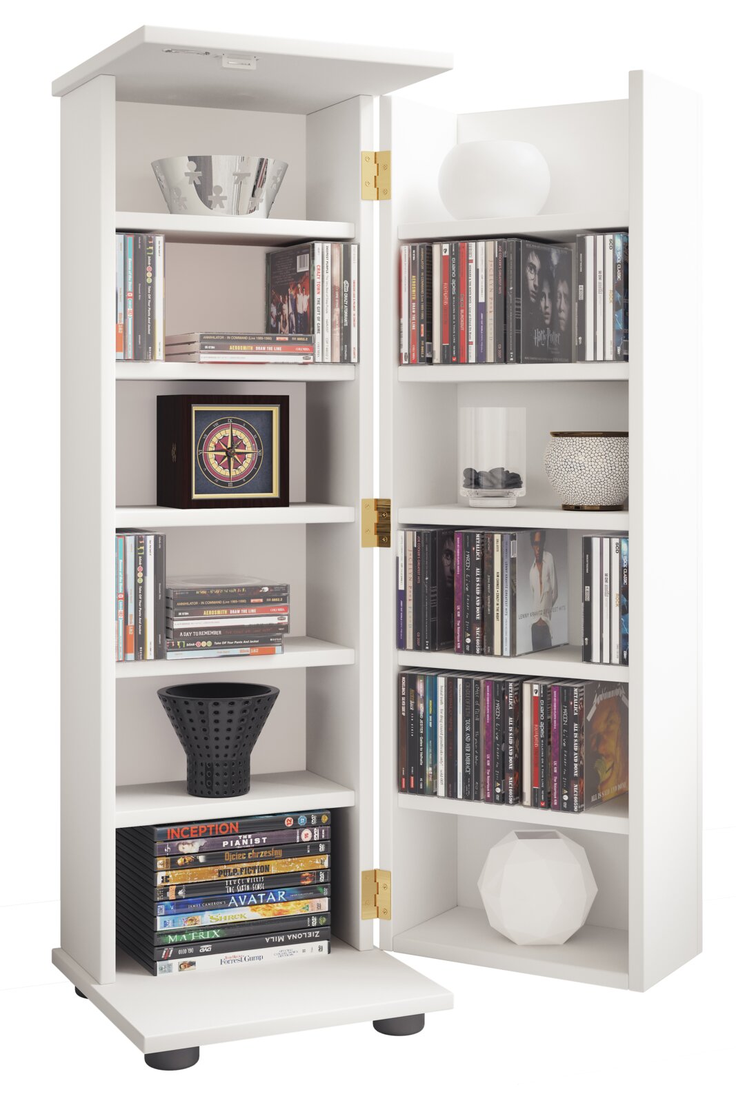 Weißer Eckschrank/Regalschrank mit geöffneten Türen, gefüllt mit CDs und Deko, in frontaler Ansicht mit leicht schräger Perspektive von vorn.