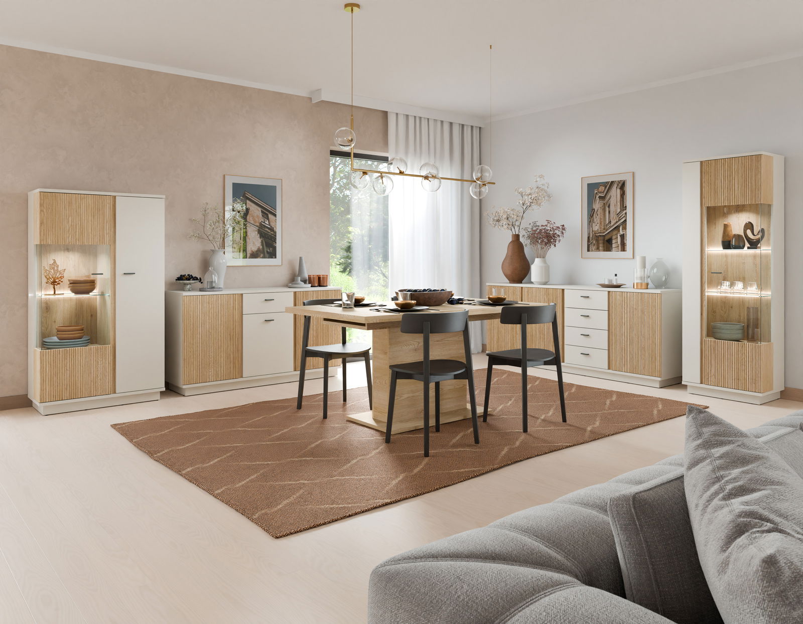 Modernes Sideboard in einem stilvollen Wohnzimmer, frontal betrachtet, mit Holz- und Weißtönen, umgeben von passender Einrichtung.