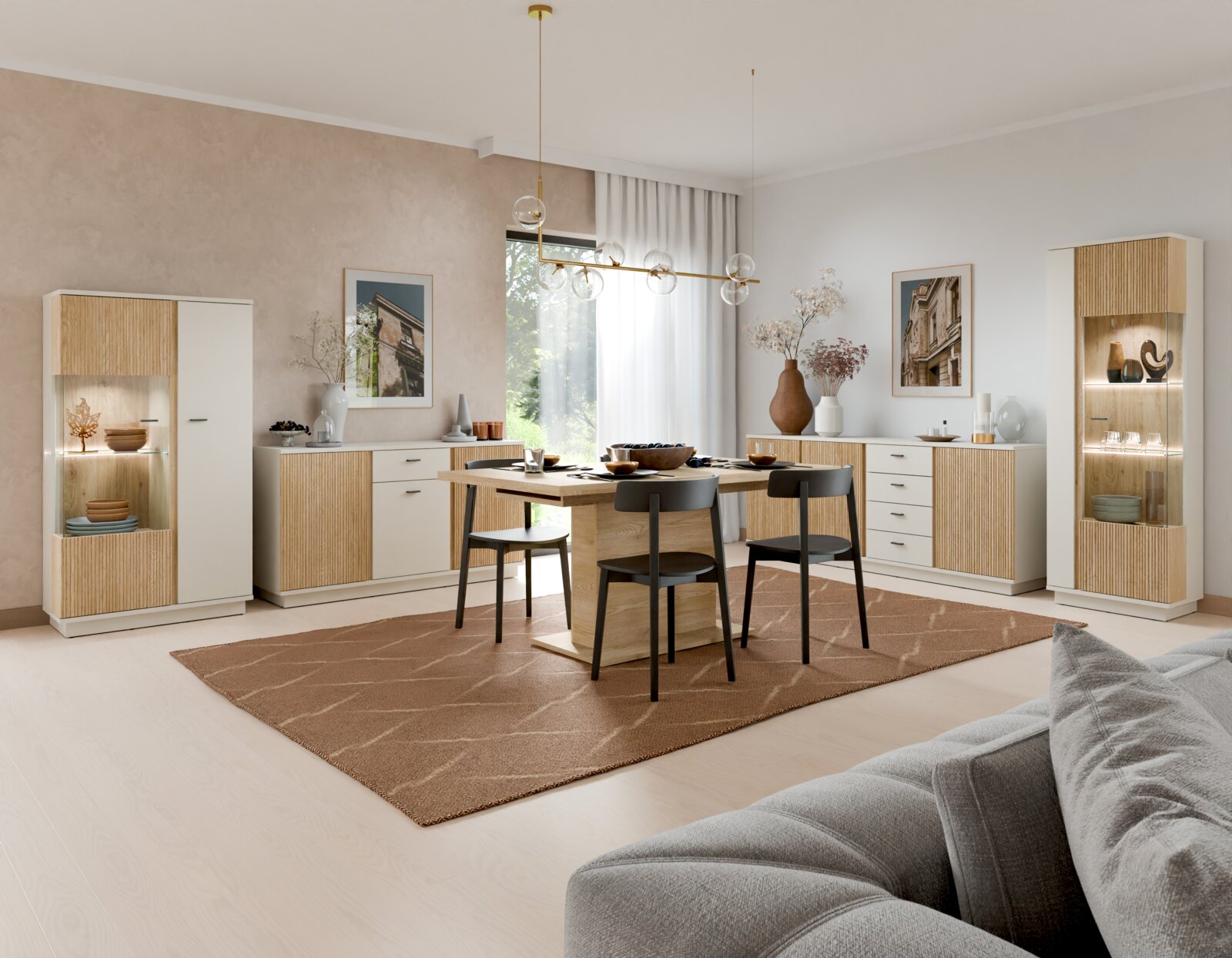 Modernes Sideboard in einem stilvollen Wohnzimmer, frontal betrachtet, mit Holz- und Weißtönen, umgeben von passender Einrichtung.