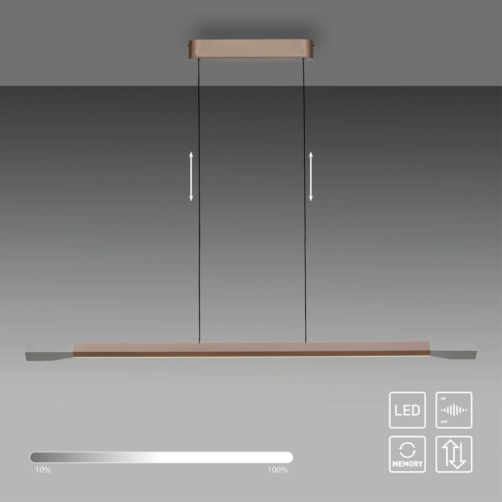 Moderne LED-Pendelleuchte in minimalistischem Design, seitliche Ansicht, mit Dimmfunktion und Höhenverstellbarkeit.